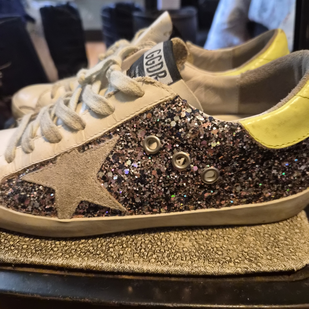 Golden Goose Glitter Sneakers with Yellow Heel Sz 37